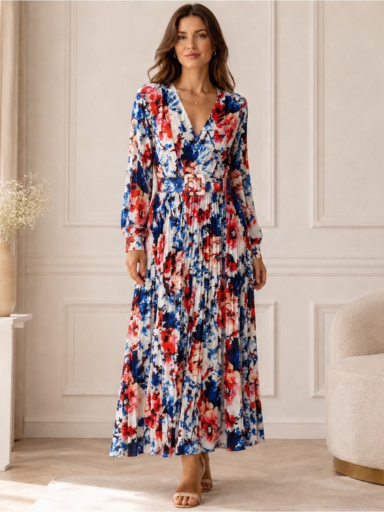 Beulah Dresses & Skirts - Beulah Red, Blue & White Floral Pleated Maxi Dress